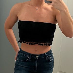 Wild Honey Black Smocked Crop Top w/ Pom Poms